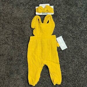 Baby Gold Linen Overalls Matching Headband